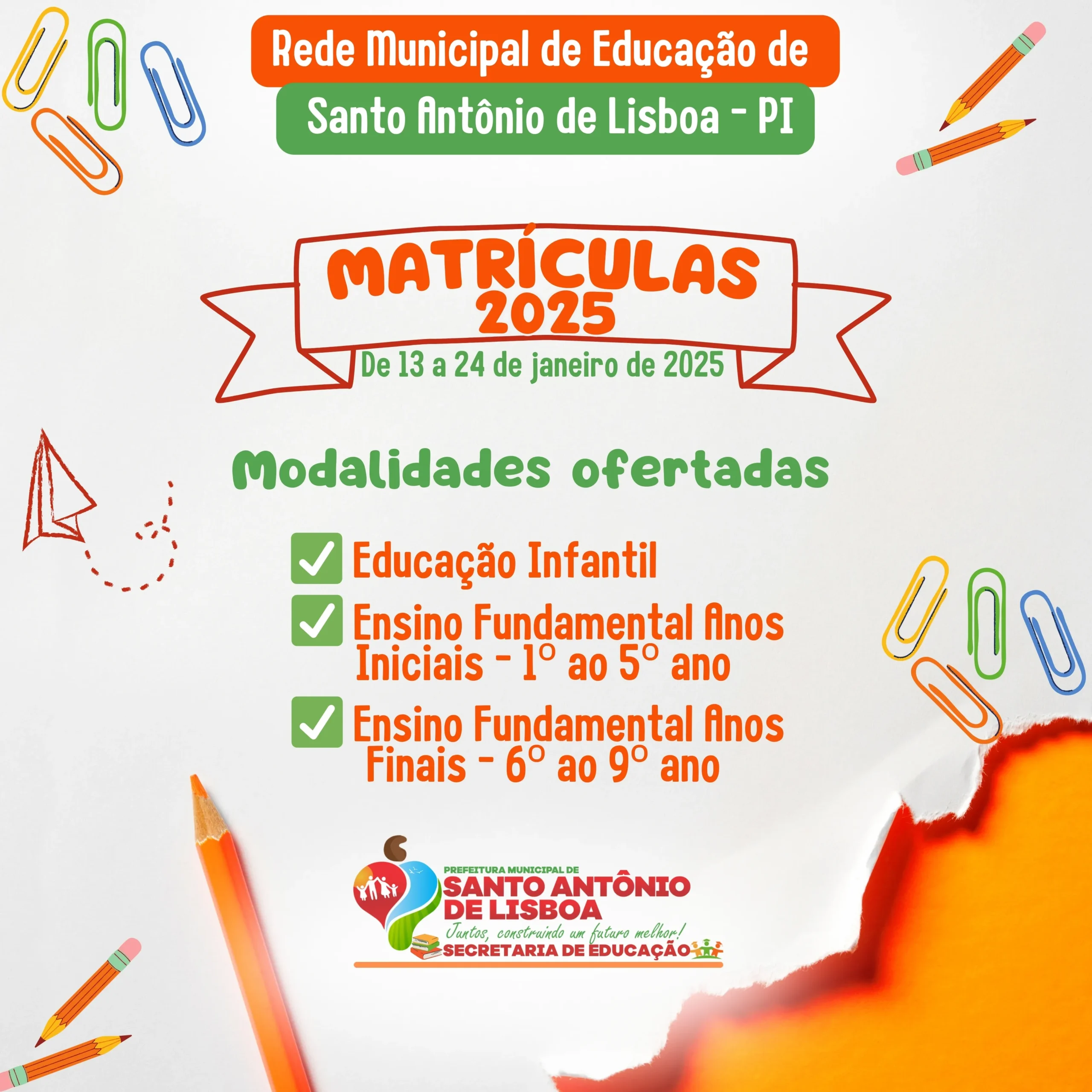 Matrículas para a Rede Municipal de Educação de Santo Antônio de Lisboa vão de 13 a 24 de janeiro