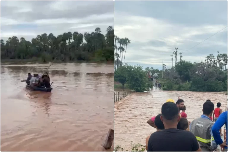 Rio Itaim transborda, interdita passagem molhada e população atravessa PI-242 em canoa em Santa Cruz do Piauí; veja vídeo