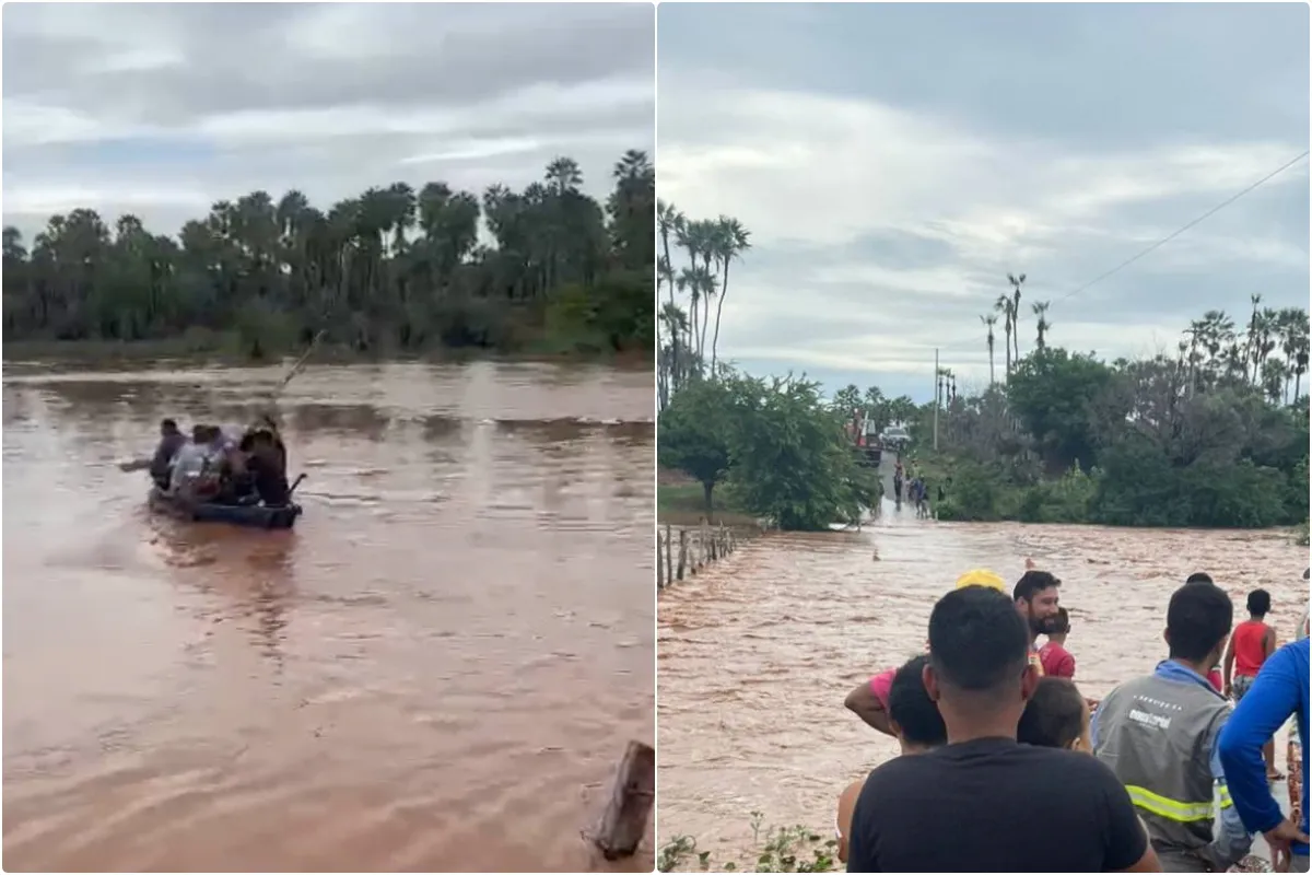 Rio Itaim transborda, interdita passagem molhada e população atravessa PI-242 em canoa em Santa Cruz do Piauí; veja vídeo