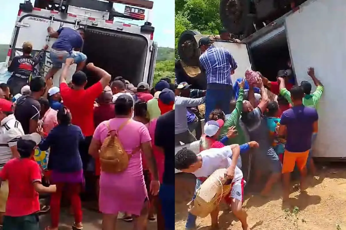Caminhão carregado de carne bovina tomba e carga é saqueada na região de Picos