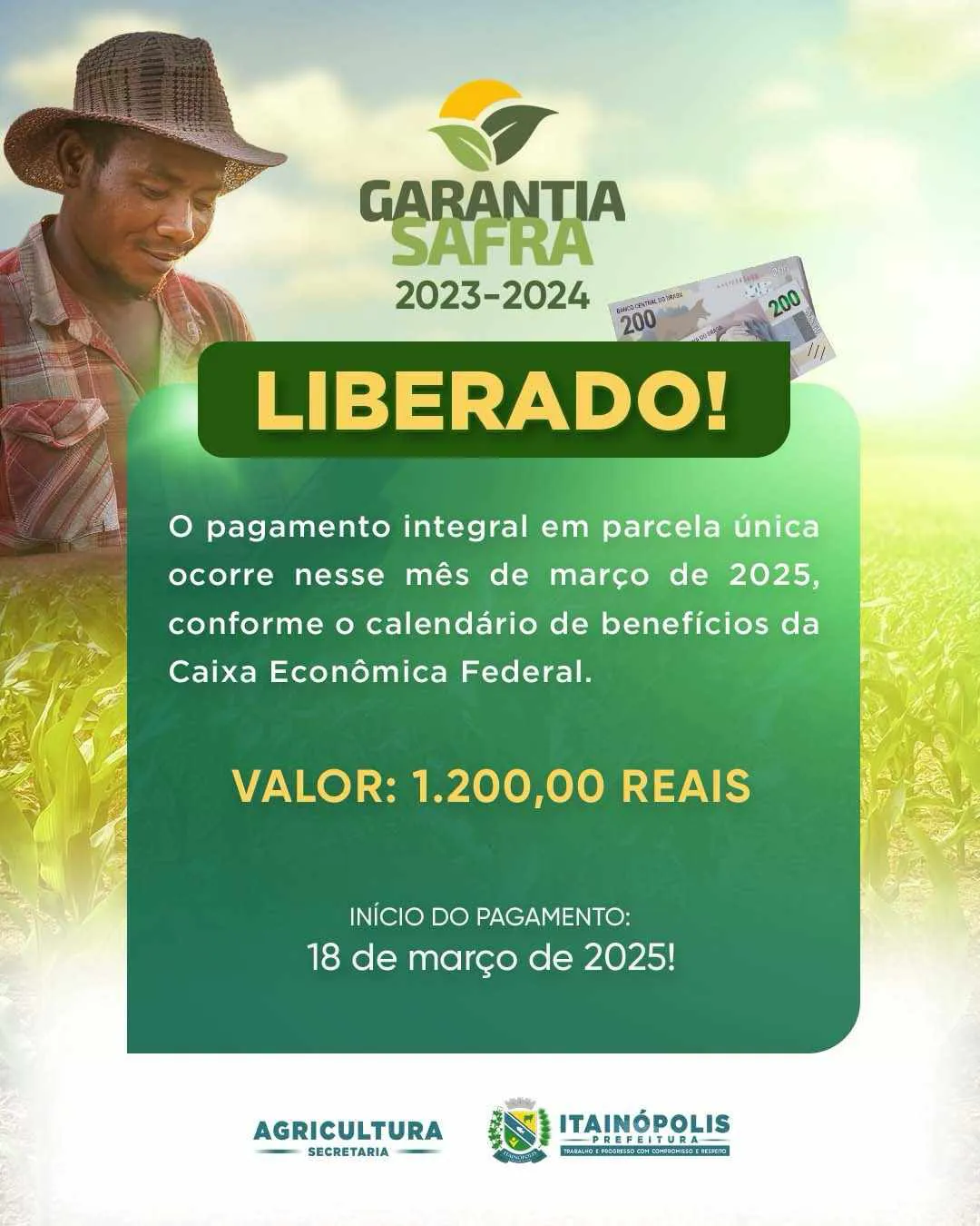 MDA libera pagamento do Garantia Safra; agricultores de Itainópolis receberão benefício