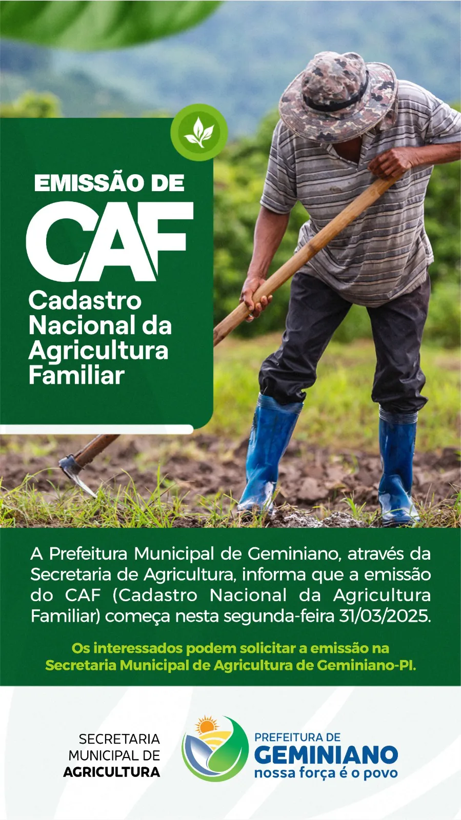 Prefeitura de Geminiano inicia emissão do Cadastro Nacional da Agricultura Familiar (CAF)
