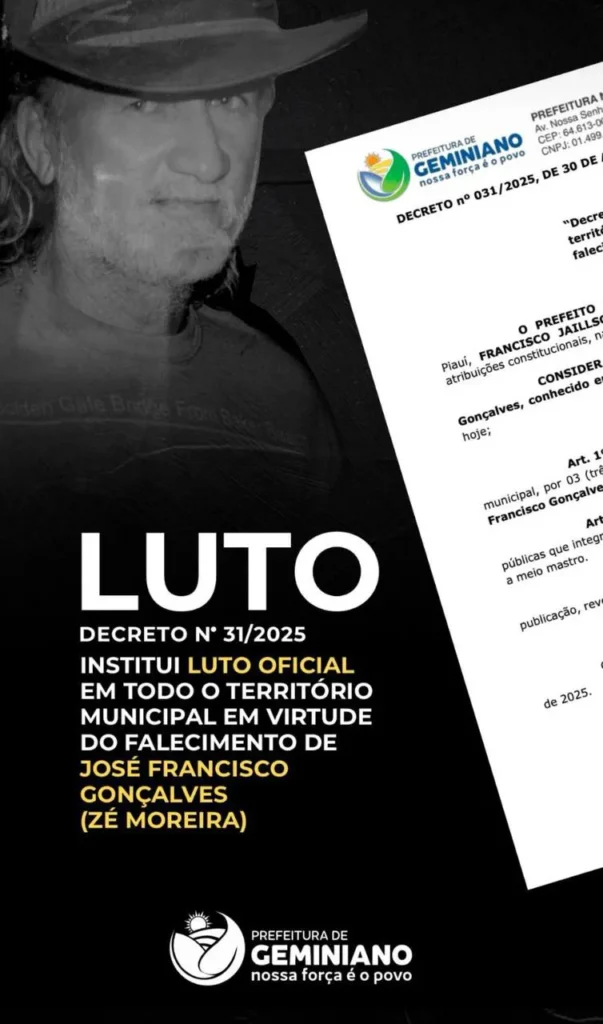 Prefeitura de Geminiano decreta luto oficial pela morte de Zé Moreira