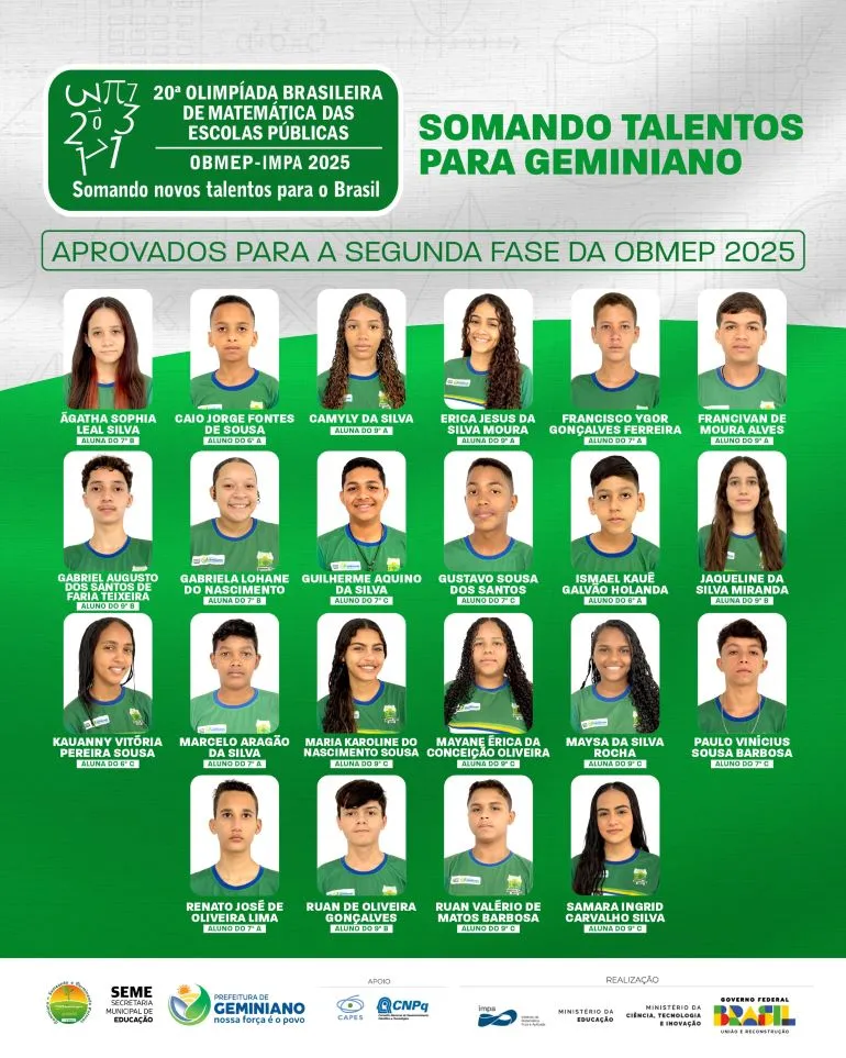 Educação de Geminiano celebra alunos classificados para a 2ª fase da OBMEP 2025
