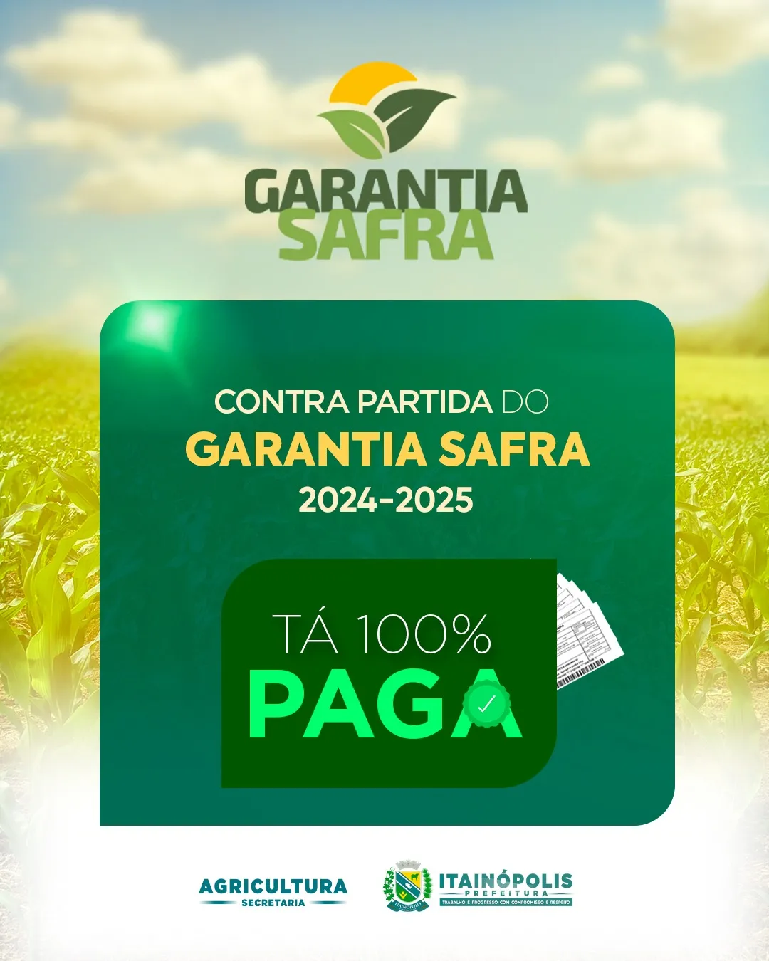 Prefeitura de Itainópolis realiza pagamento da contrapartida do Garantia Safra 2024/2025