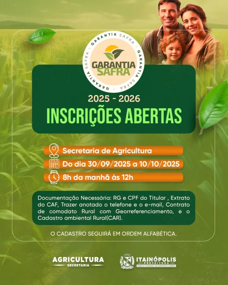 Itainópolis inicia inscrições para o Programa Garantia Safra 2025/2026 no dia 30 de setembro