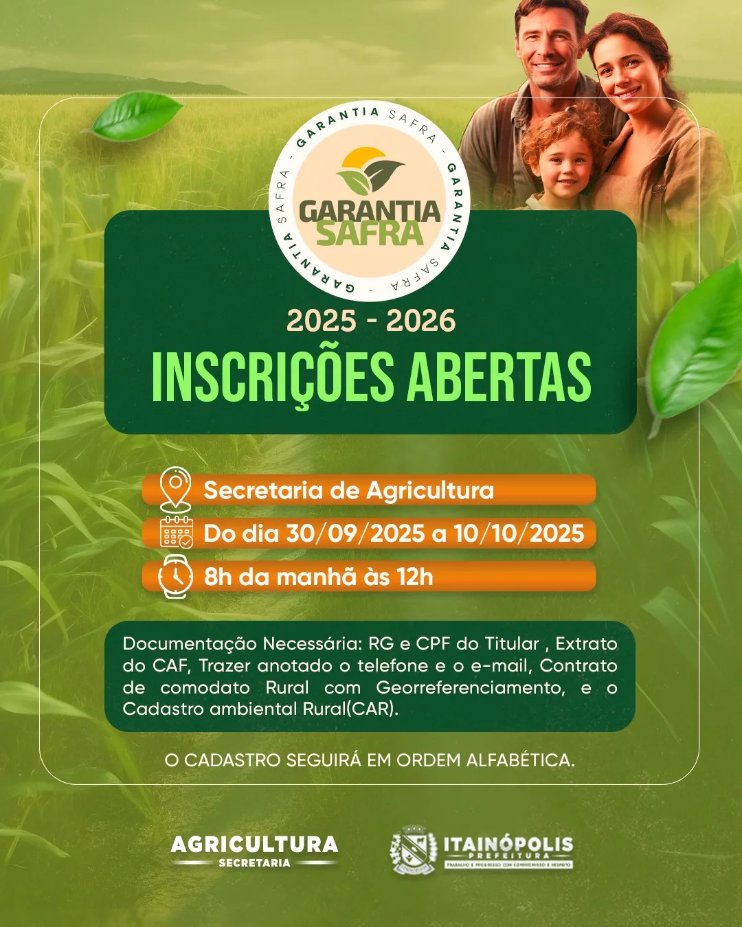 Itainópolis inicia inscrições para o Programa Garantia Safra 2025/2026 no dia 30 de setembro