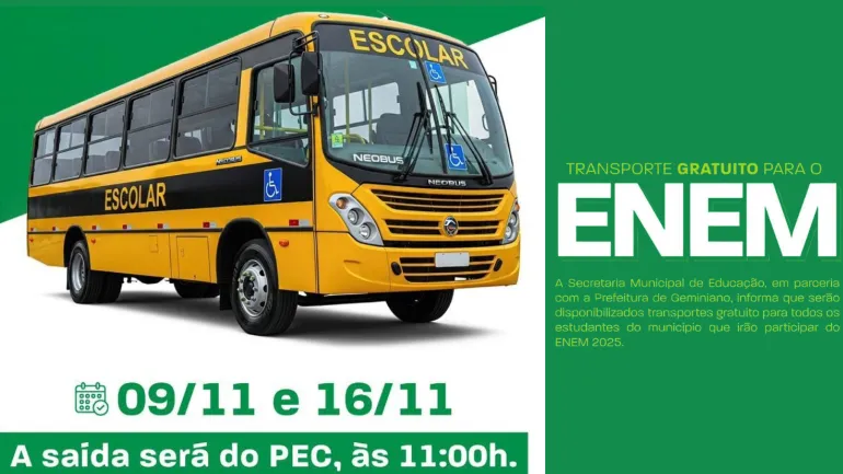 Prefeitura de Geminiano disponibiliza transporte gratuito para estudantes que farão o ENEM