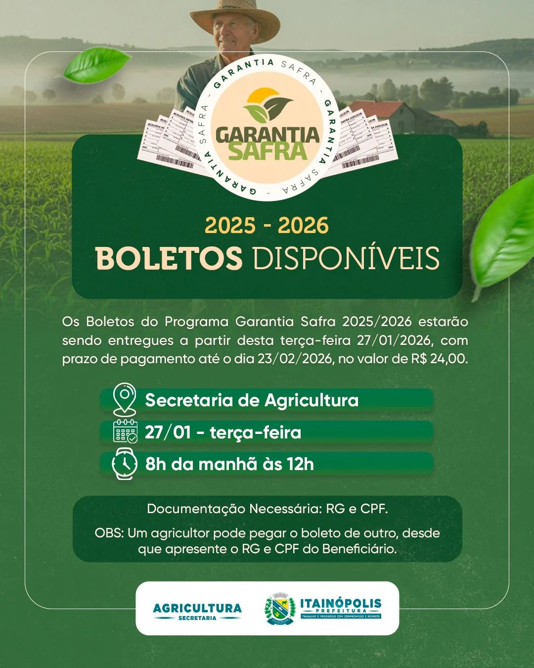 Secretaria de Agricultura de Itainópolis inicia entrega de boletos do Garantia Safra 2025/2026