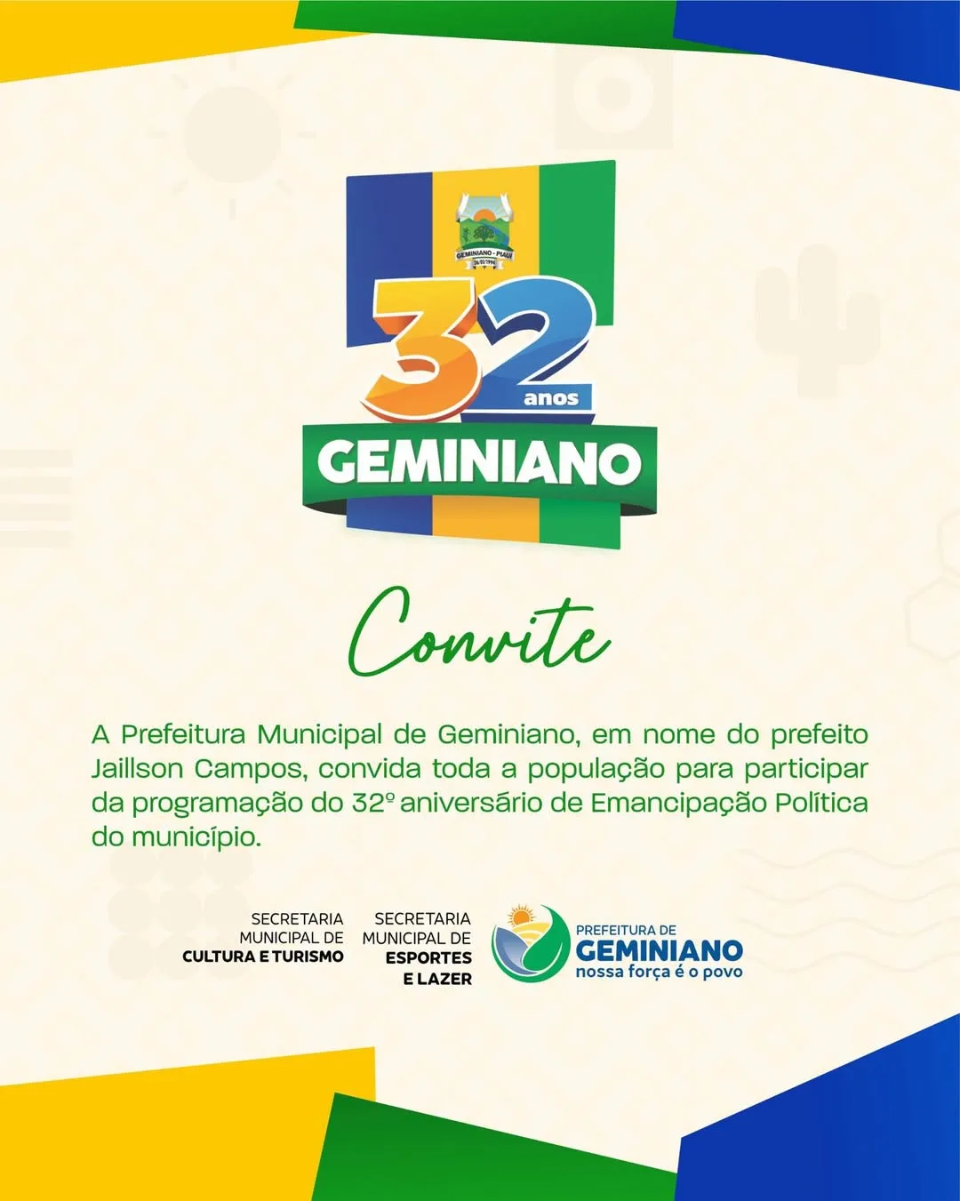 Prefeitura de Geminiano divulga programação oficial do 32º aniversário de emancipação política do município