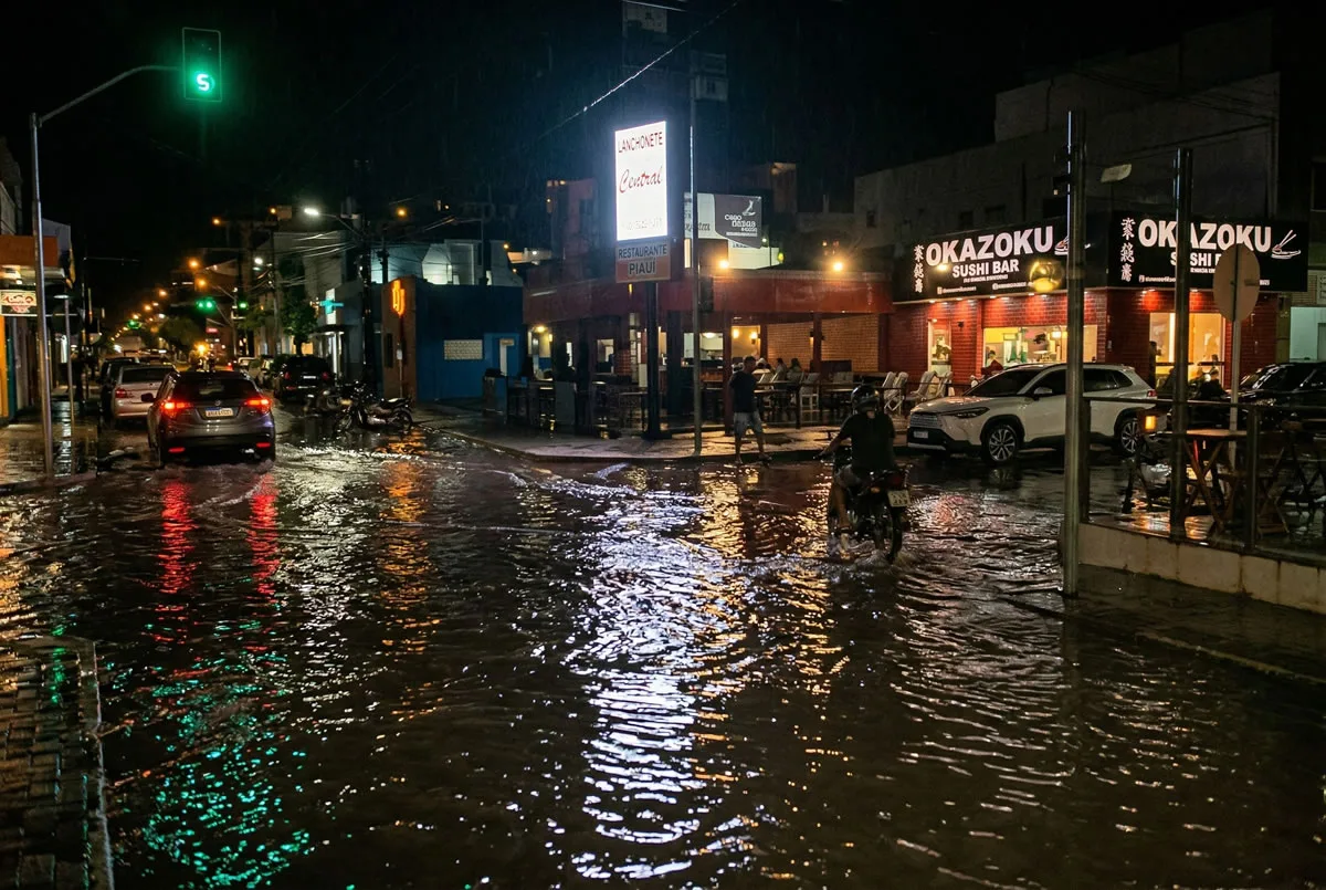 Temporal provoca alagamento em praça de alimentação em Picos e reforça impactos da chuva na cidade