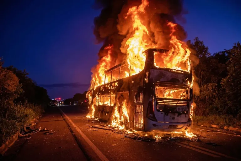 Ônibus pega fogo na BR-407 e fica destruído na zona rural de Jaicós