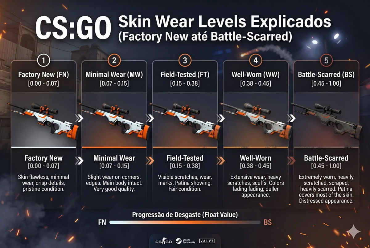 CS:GO Skin Wear Levels Explicados (Factory New até Battle-Scarred)