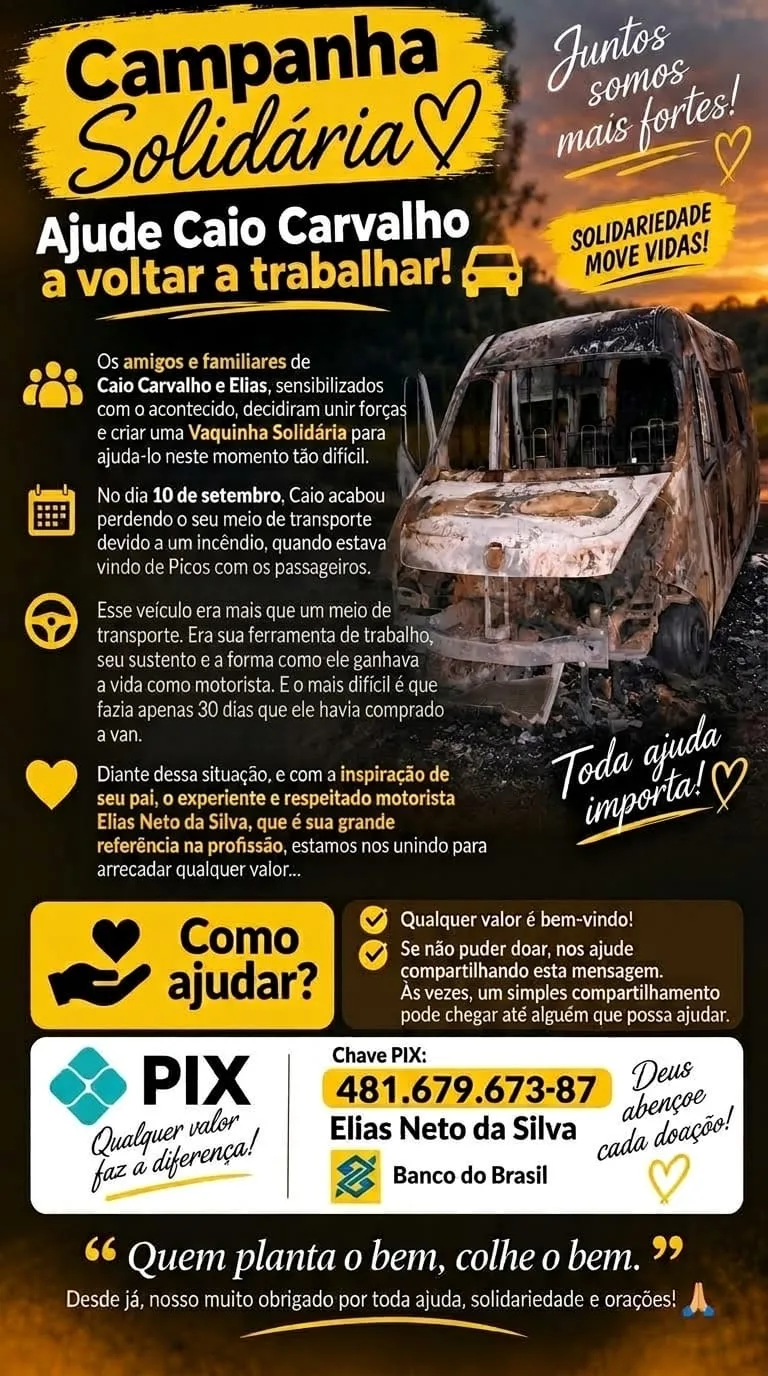 Santo Antônio de Lisboa: Campanha Solidária mobiliza amigos e familiares para ajudar motorista que perdeu van em incêndio